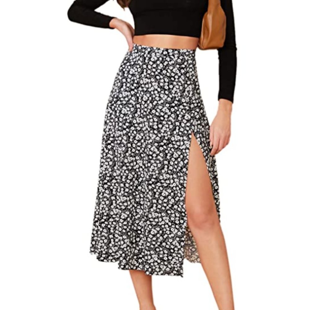 Floral Slit High Waist Midi Skirt Black
